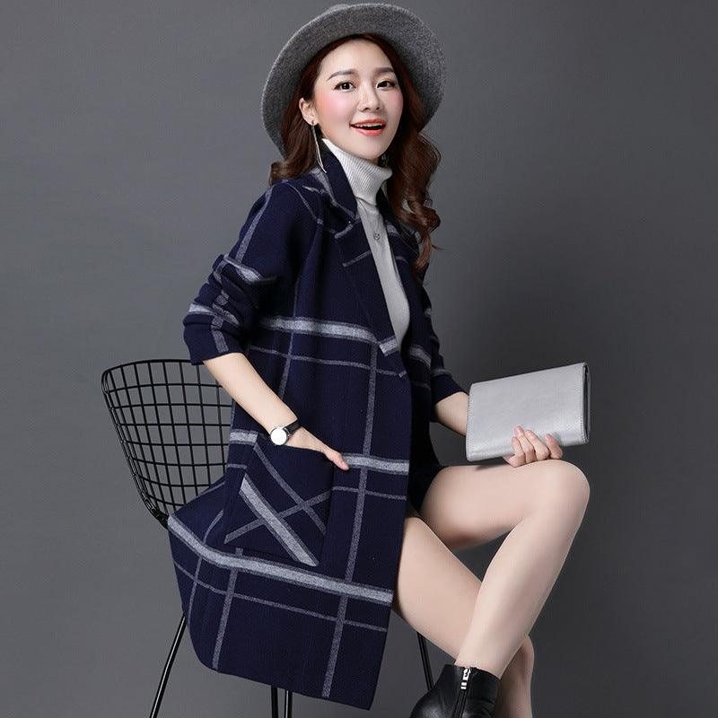 Navy plaid sweater coat with hood, open front, long sleeves, and side slits
