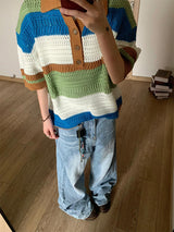 Striped Hollow Knitwear Short Sleeve Men's