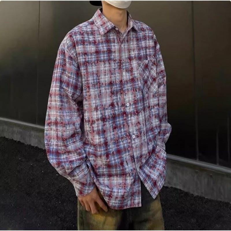 Red plaid casual coat with button-up front and long sleeves