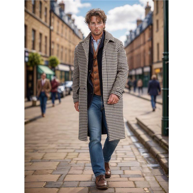 Men's houndstooth wool coat, front view, long mid-length cut with buttoned closure