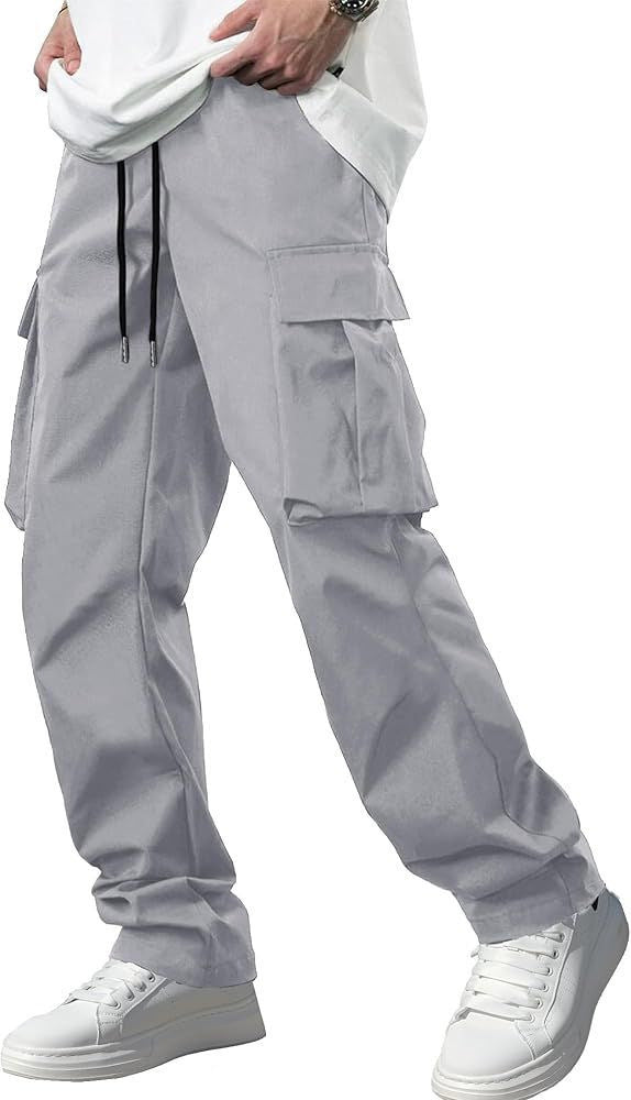 Men’s light gray cargo pants, drawstring waist with stacked cargo pockets