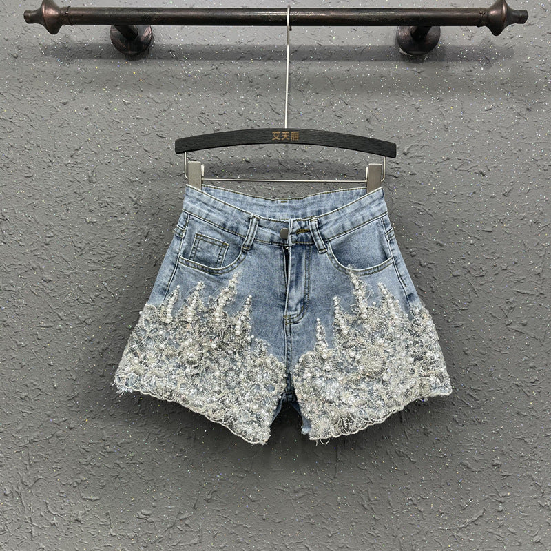 Heavy Industry Western Style Beaded Denim Shorts For Women - WOMONA.COM