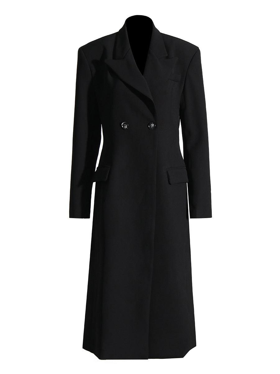 Black double-breasted trench coat jacket with notched lapels and front pockets