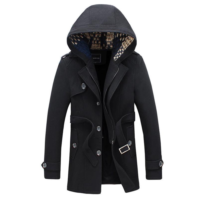 Men's hooded short trench coat in black with button front, flap pockets, and hood lining