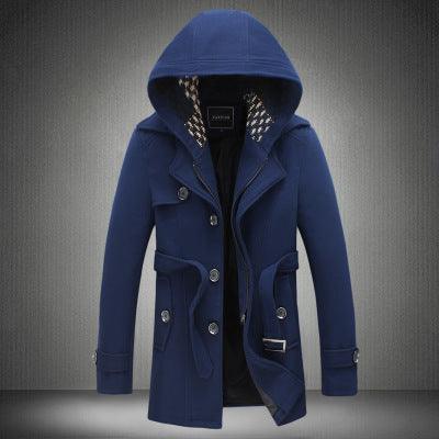Men's hooded short trench coat in blue with button front, epaulets, and side pockets