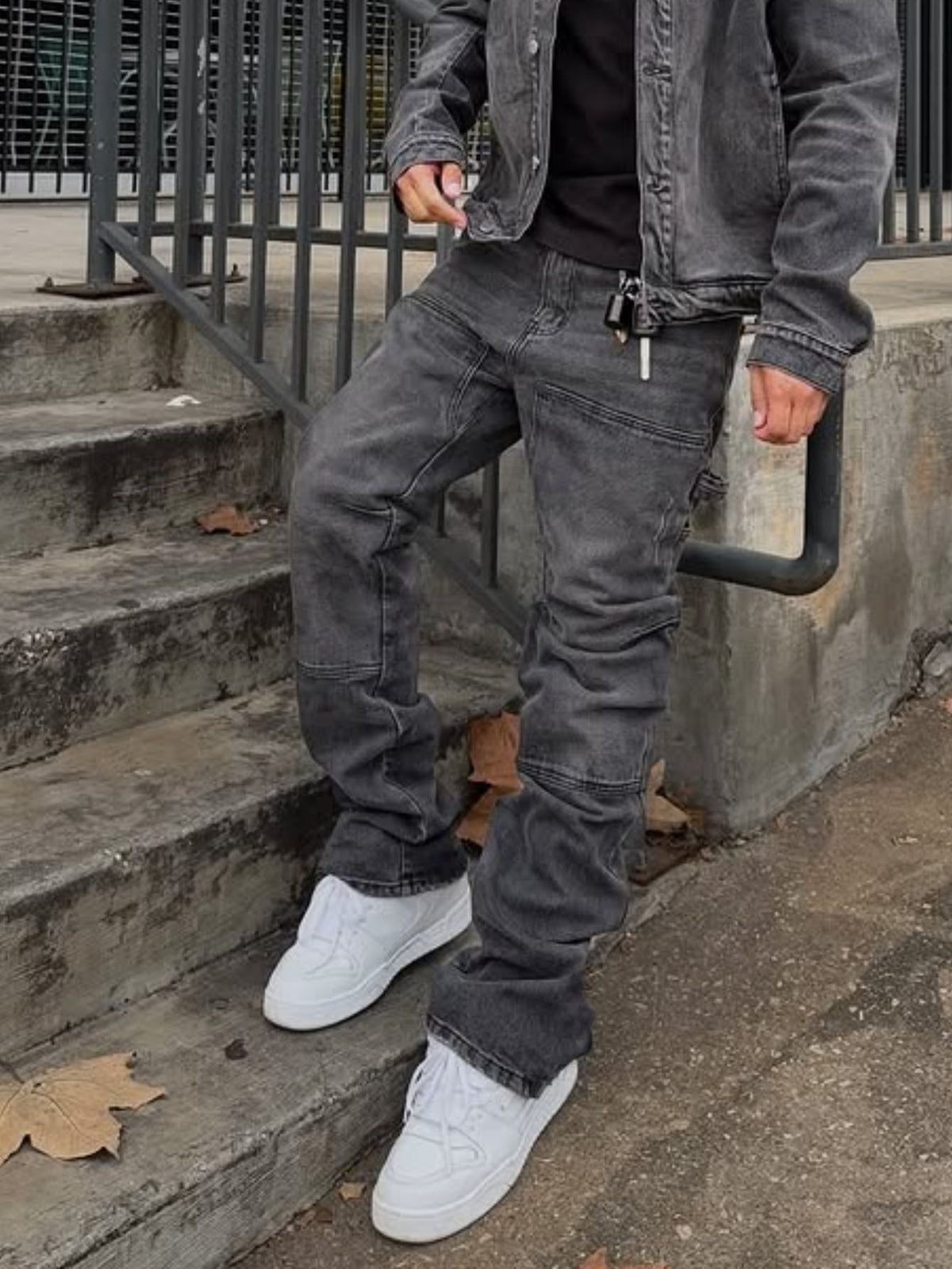 Gray denim cargo stretch trousers with distressed knees and side flap pockets