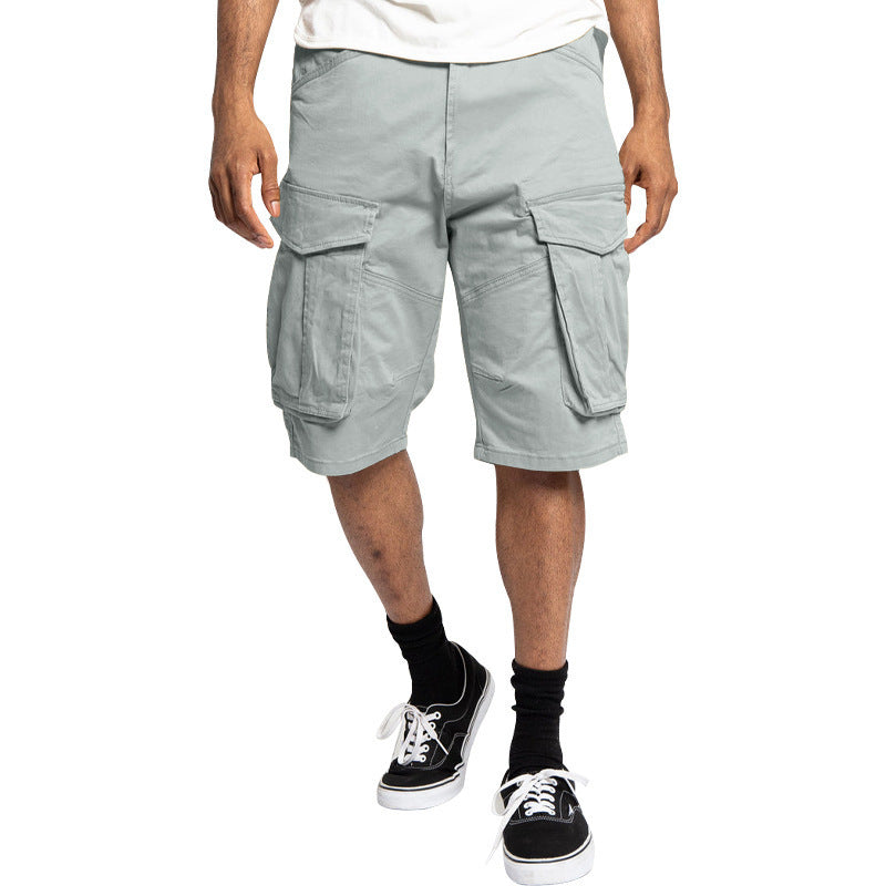 Men's light gray casual cargo shorts with flap side pockets