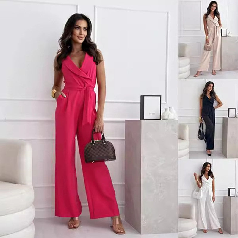 Women's V-neck belt-detail sleeveless jumpsuit – product image 1