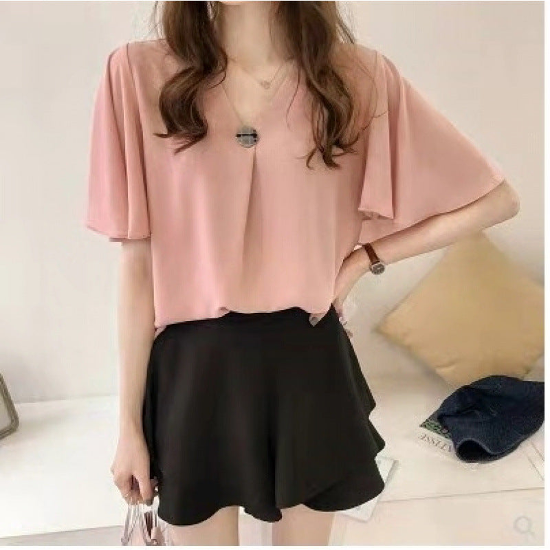 Pink chiffon V-neck blouse with front button and wide flutter short sleeves