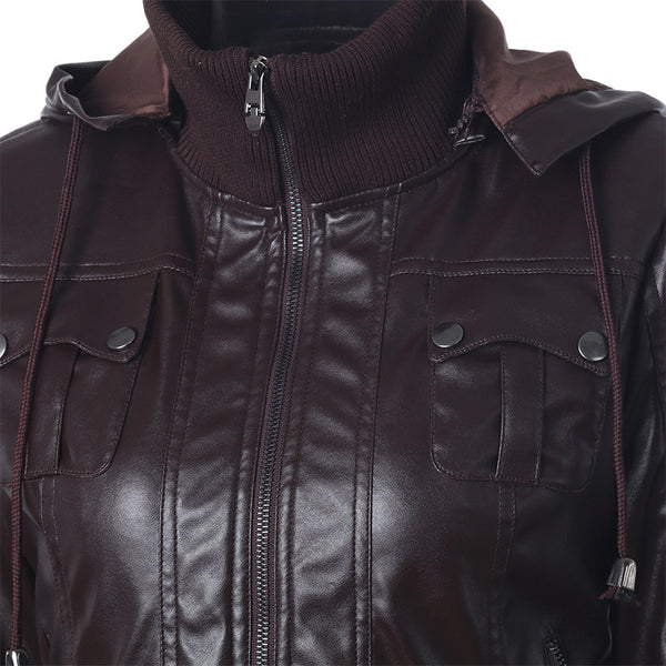 Hooded drawstring high neck zipper PU leather jacket - WOMONA.COM