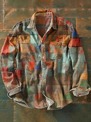 Men's button-up shirt with spread collar, long sleeves, multicolor blocky abstract print