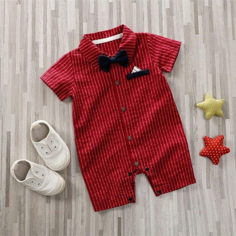 Red striped baby onesie with black bow and front buttons, short-sleeve romper