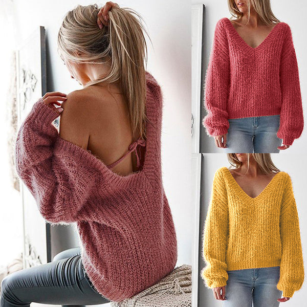 Long-sleeved V-neck strappy casual loose sweater - WOMONA.COM