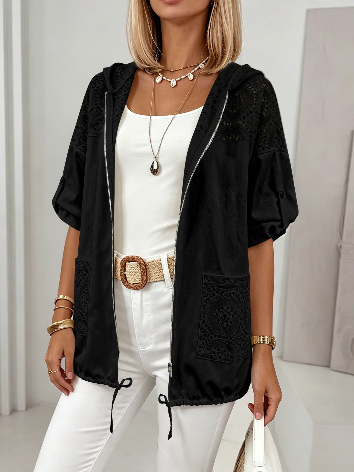 Black lace patchwork hooded short-sleeve jacket with voluminous sleeves and drawcord hem