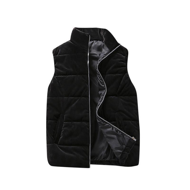 Men's velvet solid-color puffer vest, black, full-zip with side pockets