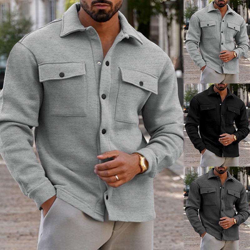 Men's light gray button-front jacket with lapels and two chest flap pockets