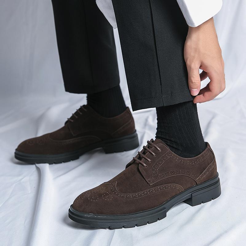 Brown suede-look lace-up oxford-style leather shoes with wingtip brogue detailing