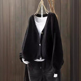 V-neck Long-sleeved Single-breasted Knitted Cardigan Sweater - WOMONA.COM