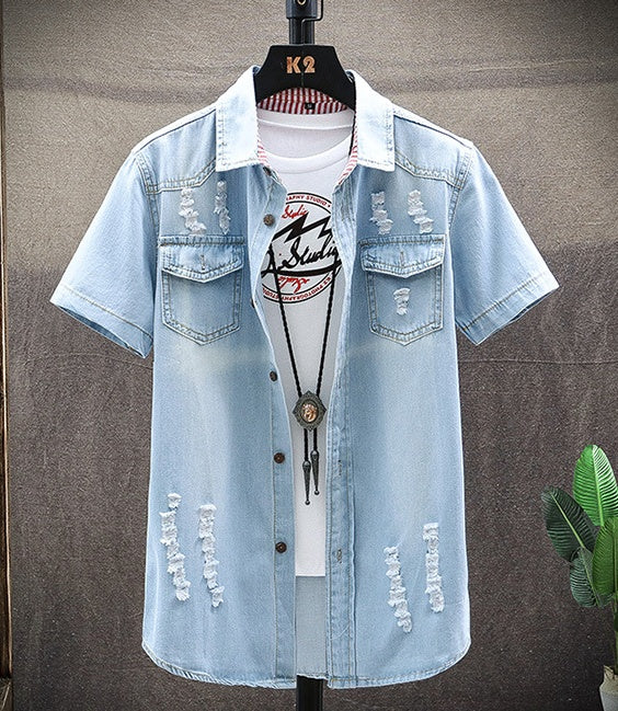 Men's Short-Sleeve Distressed Denim Shirt, Light Blue - product view 1