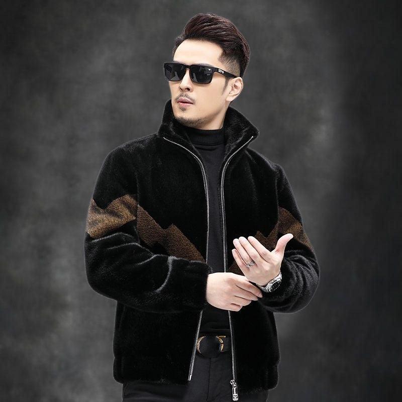 Men’s black fur zip-up jacket with brown geometric shoulder panel