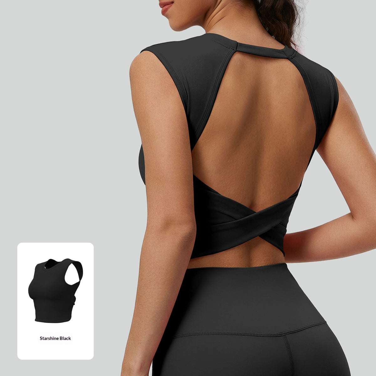 Black hollow-out knotted vest top with open crisscross back and detachable padded bra