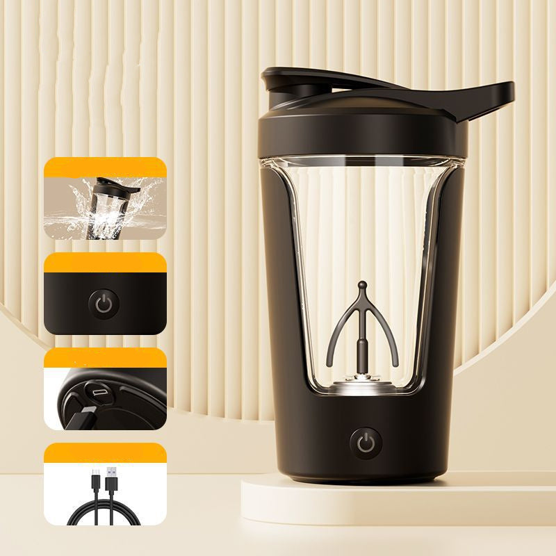 Black electric protein mixing cup with flip lid and power button on base