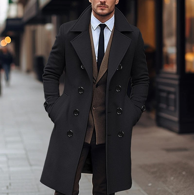 Men's double-breasted wool coat, black, mid-length, front view, long sleeves.