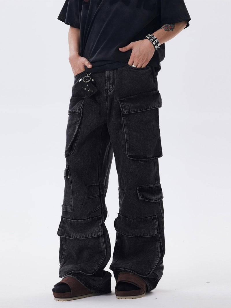 Distressed-Jeans mit mehreren Taschen, lockerer Overall mit weitem Bein