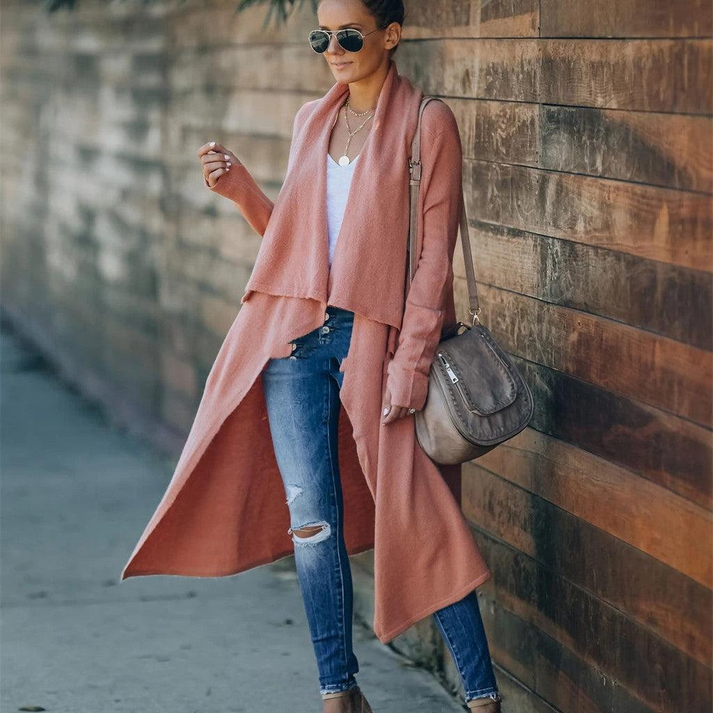 Apricot knitted long coat with draped open front and ribbed cuffs
