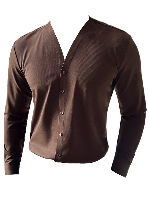 Men's High Texture Waffle V-neck Long Sleeve Shirt - WOMONA.COM