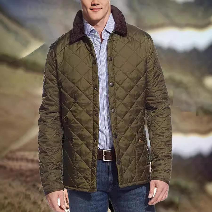 Green quilted cotton jacket, maroon-lined polo collar, snap buttons, mid-length