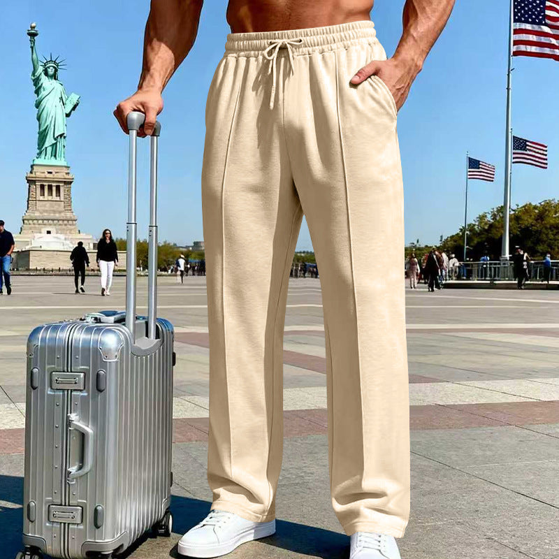 Men's knit straight-leg pants, light beige, elastic waist with drawstring.