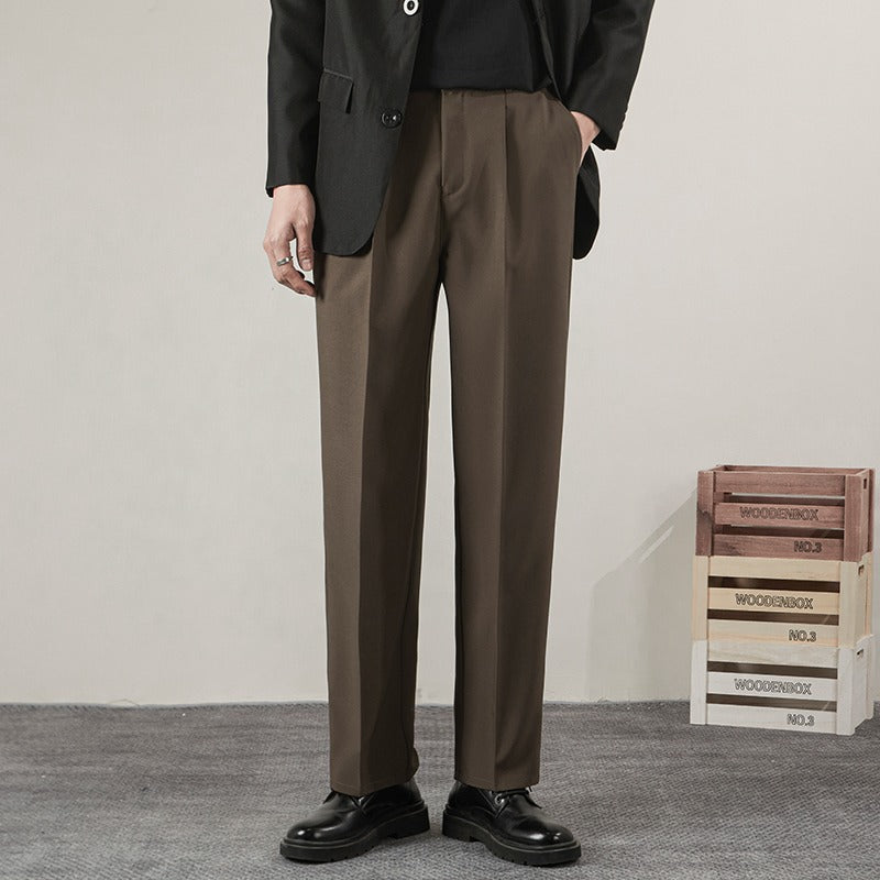 Men's loose straight-leg trousers in dark brown, tailored with belt loops