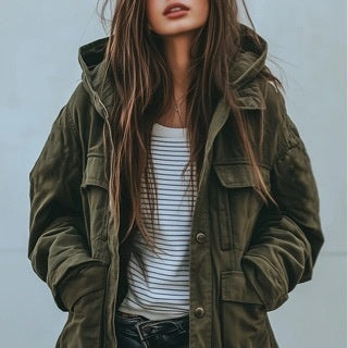 Green workwear windbreaker jacket with snap front and utility chest pockets
