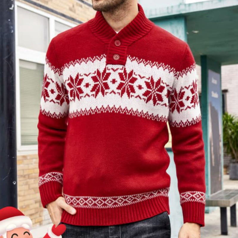 Men's red Christmas jacquard V-neck sweater