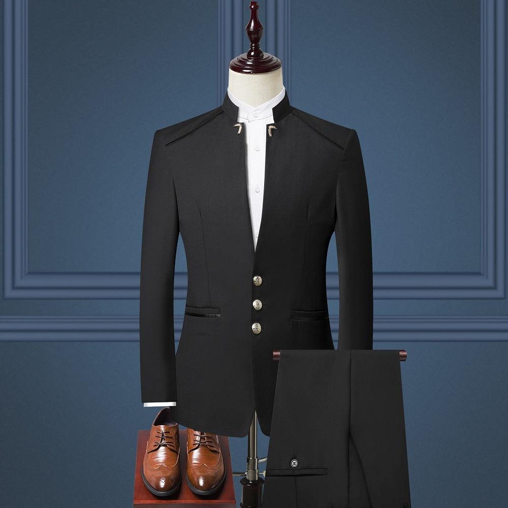 Black men's three-piece suit with stand collar jacket, gold-button vest, matching pants