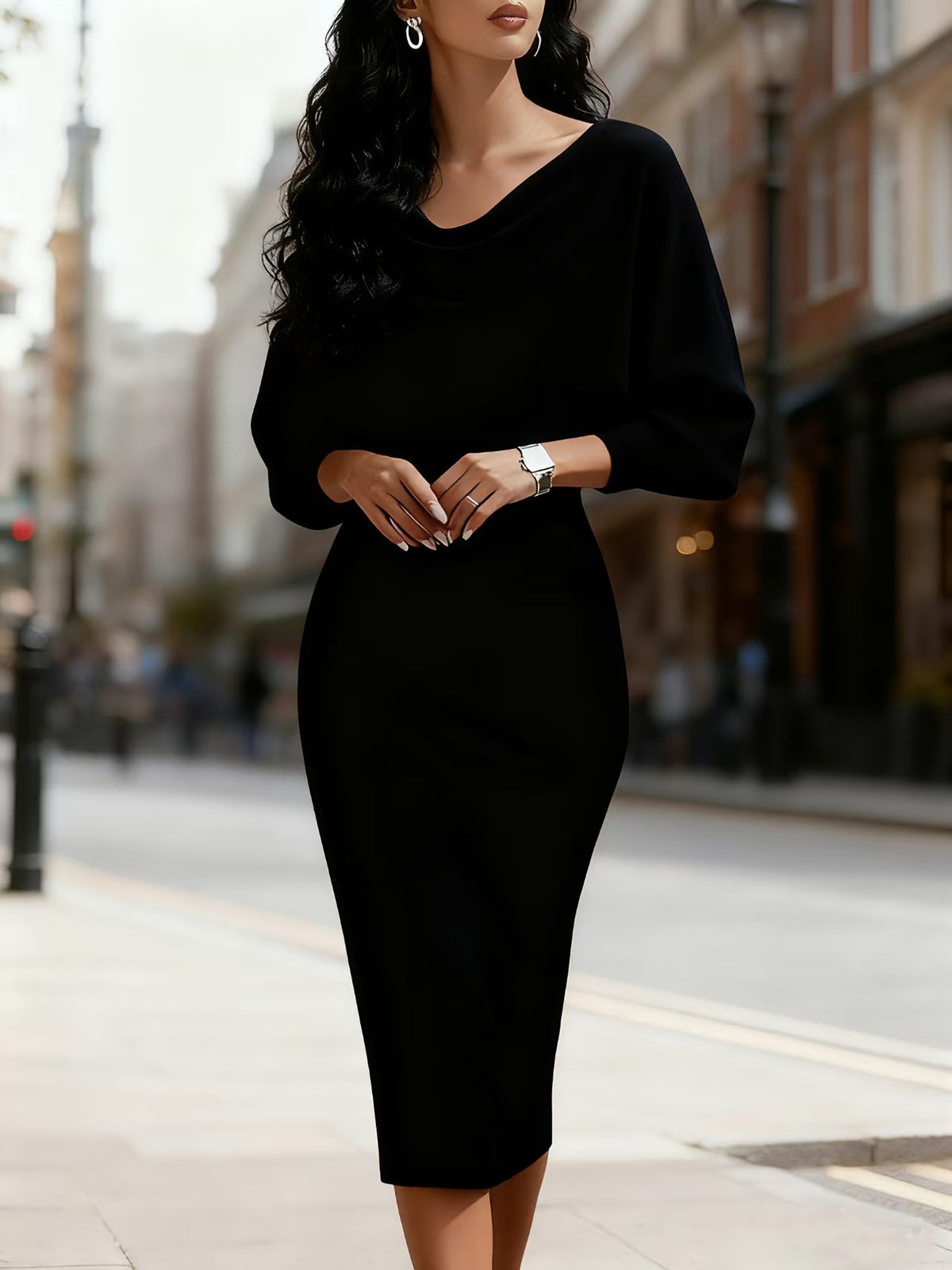 Women's high-waist round-neck midi dress