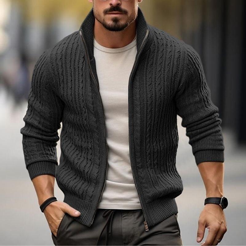 Men's dark stand-collar zip knit sweater, textured cable knit and ribbed hem