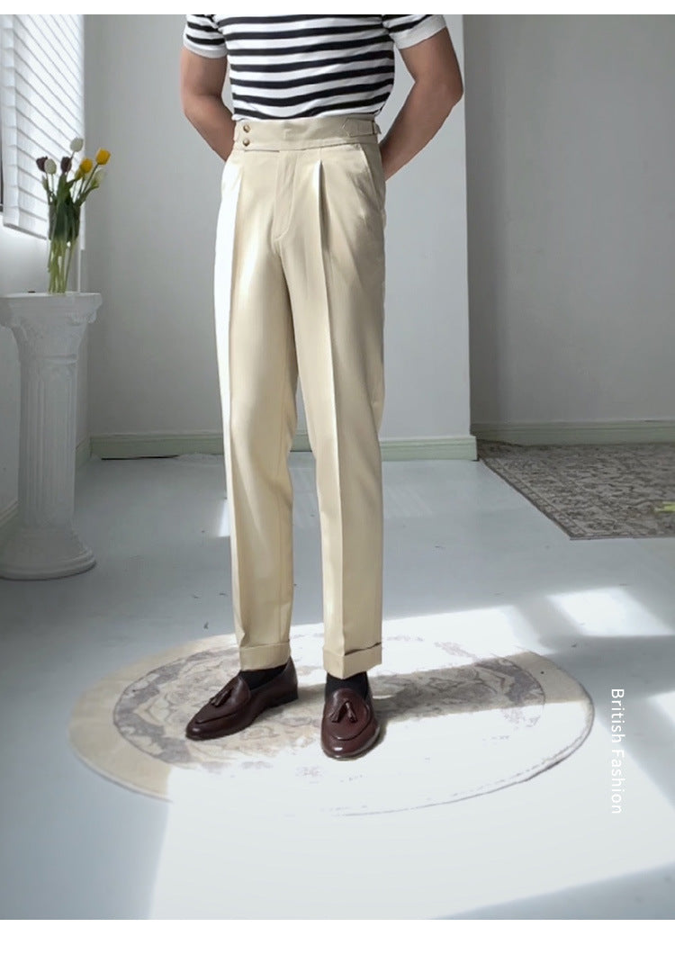 Light beige high-waisted straight-leg casual pants with belt loops and button closure