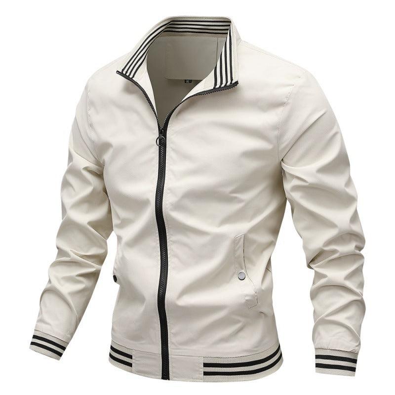 Youth stand-collar zip coat in off-white, with striped ribbed collar and cuffs