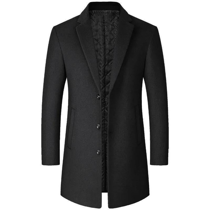 Men's wool trench coat in black, single-breasted with notched lapels