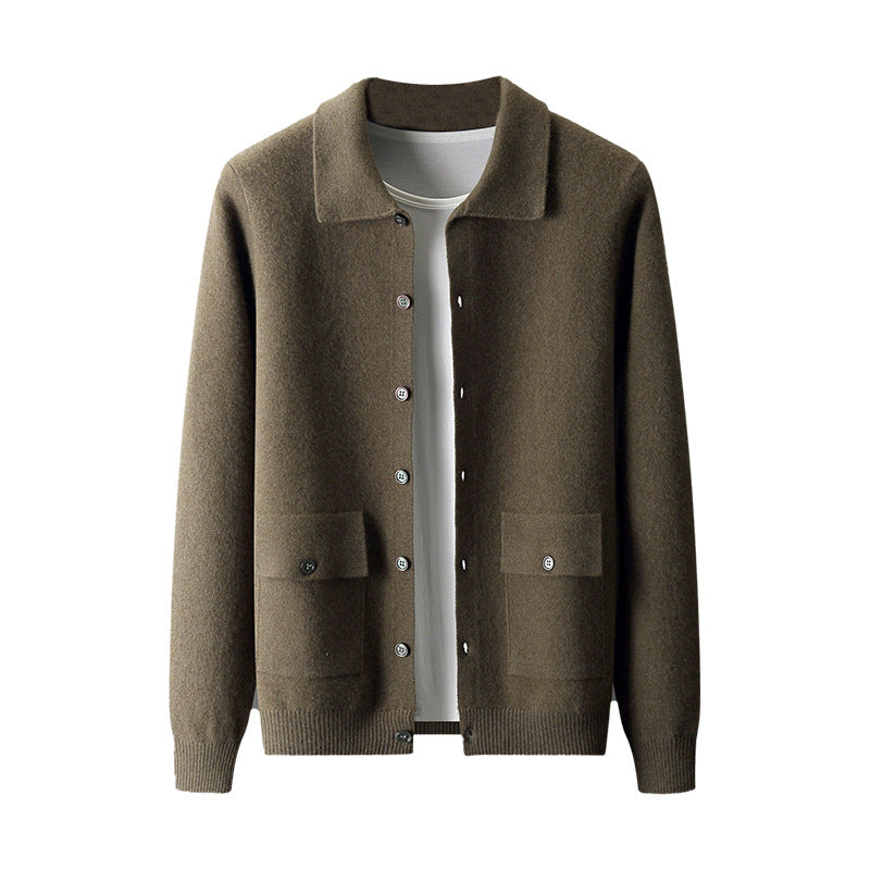 Men's Polo Collar Solid Color Wool Cardigan - WOMONA.COM