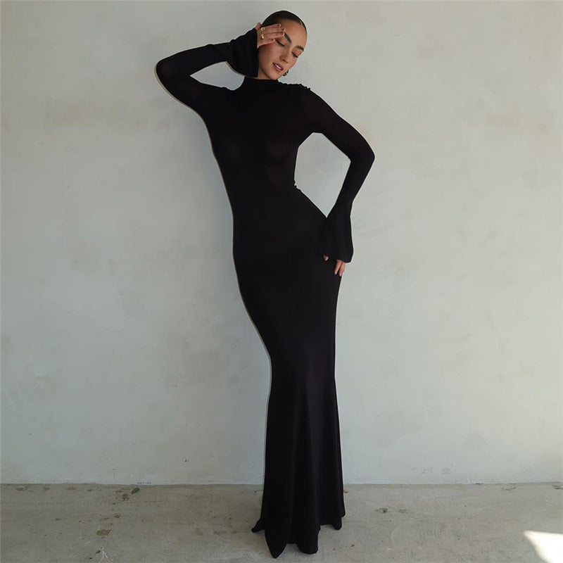 Women's Fashion Round Neck Long Sleeve Slim-fit Sheath Dress - WOMONA.COM