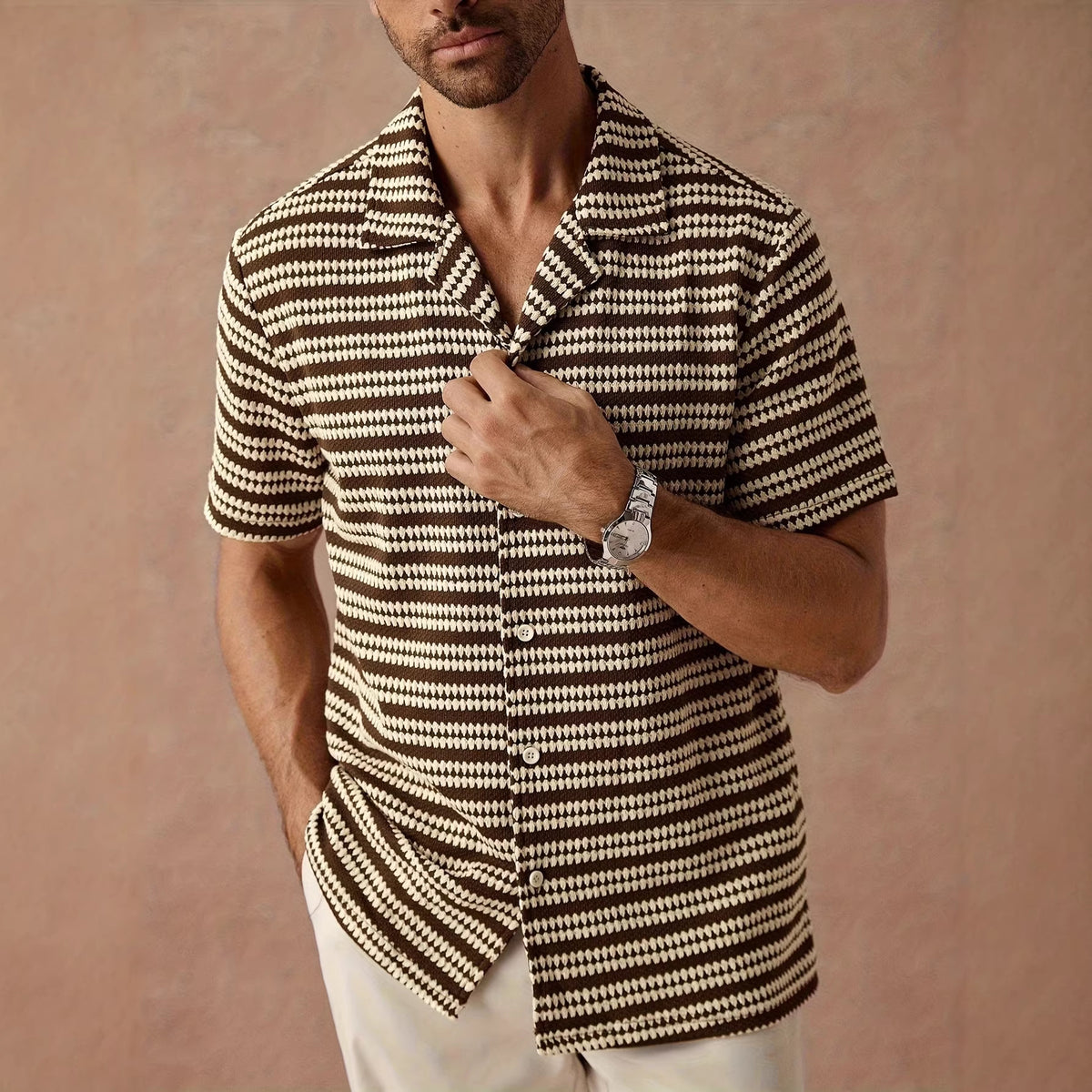 Men's short-sleeve striped shirt, black-and-cream knit look with button front