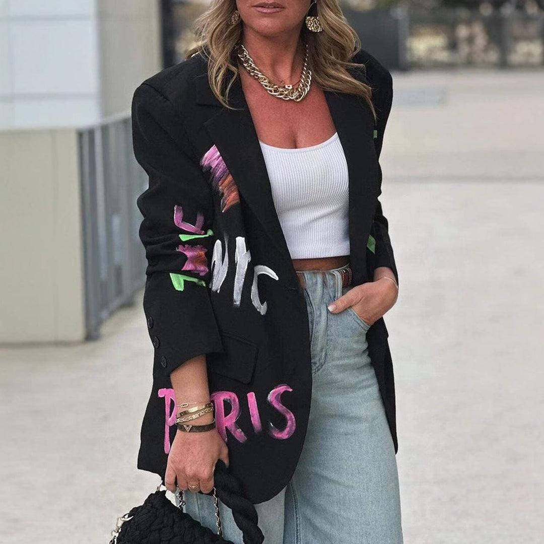 Black blazer with colorful graffiti letter print and padded shoulders