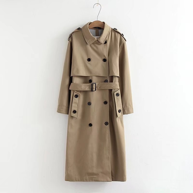 Women's cream long double-breasted trench coat