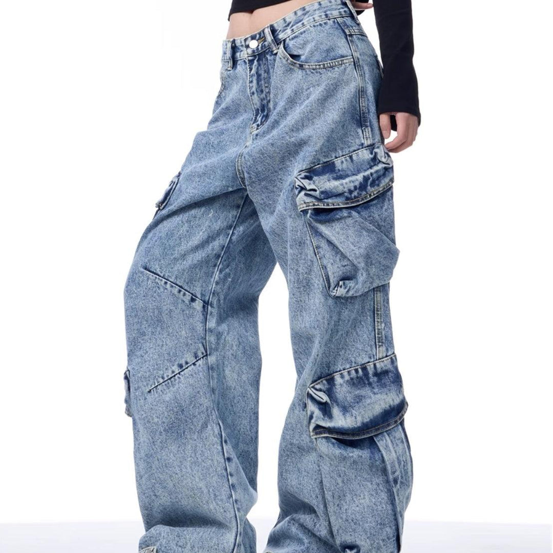 Women's blue multi-pocket workwear jeans with side cargo pockets and stitching detail