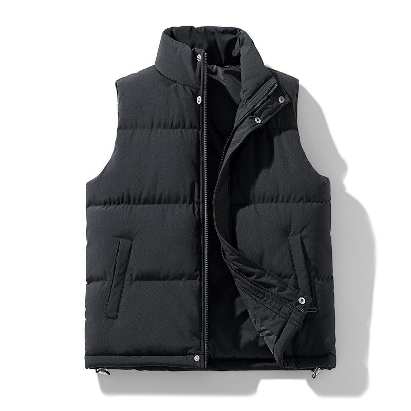 Black hooded cotton puffer vest coat with full zip and snap flap pockets, drawstring hem.