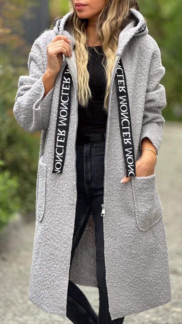 Women’s hooded lamb wool coat in light gray, with lettering-trim hood and side pockets