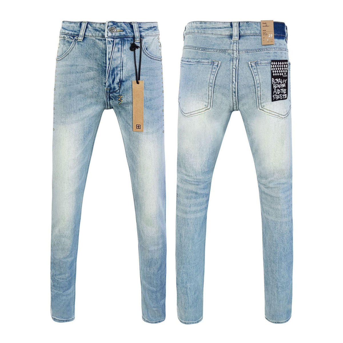 Men's light blue ripped stretch jeans with subtle distress marks and back pocket logo patch